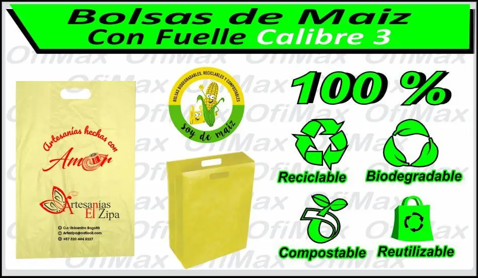 bolsas ecologicas compostables vegetales de maiz con fuelle de 3, bogota, colombia